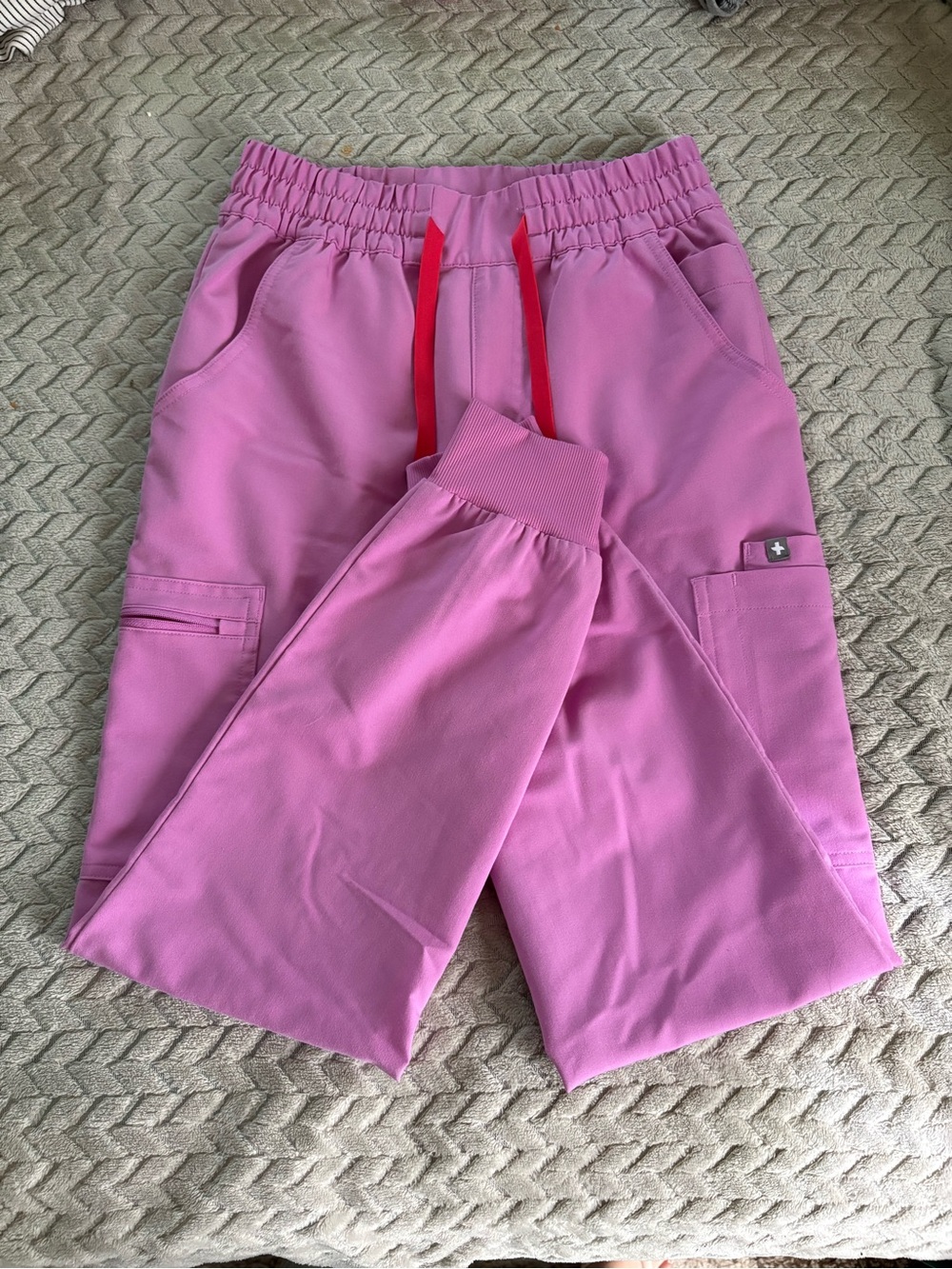 Figs Pink Cargo Jogger scrubs with Red Drawstring